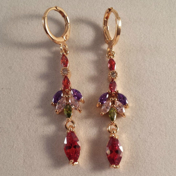 Jewelry - 18K Yellow Gold Filled Diamond Marquise Zircon Leaf Dangle Earrings Multi Color